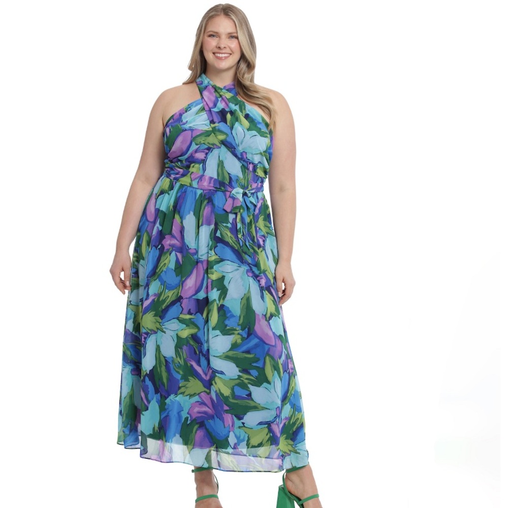 Maggy London Blue and Purple Floral Maxi Dress